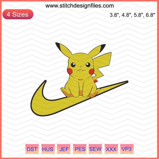 Pikachu embroidery file, cute Pokemon design for Nike machine embroidery, digital download, ideal for sewing projects.