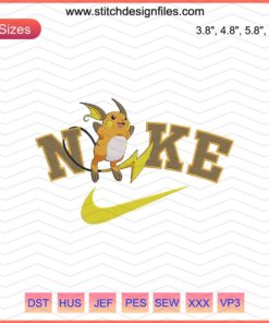 Nike sneaker with Raichu embroidery, Pokemon machine embroidery design file, unique custom Nike accessory pattern