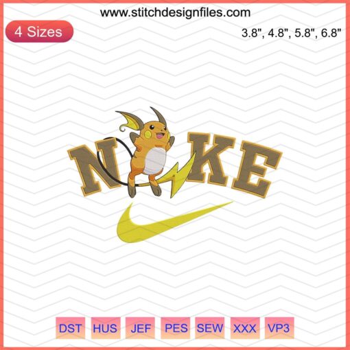 Nike sneaker with Raichu embroidery, Pokemon machine embroidery design file, unique custom Nike accessory pattern