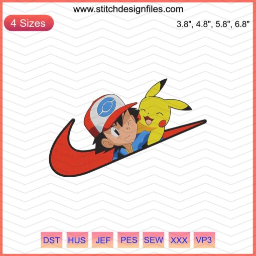Nike x Satoshi Pikachu Embroidery Design File: Nike Pokemon Machine Embroidery for Unique Apparel Creations.