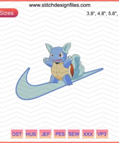 Nike sneakers featuring Wartortle embroidery from Nike x Pokemon collection, unique machine embroidery design file.