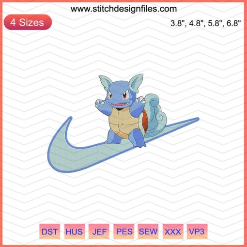 Nike sneakers featuring Wartortle embroidery from Nike x Pokemon collection, unique machine embroidery design file.