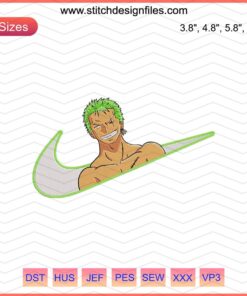 Nike shoes featuring Roronoa Zoro One Piece embroidery, machine design file for unique sneaker customization.