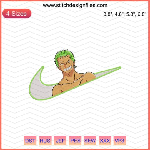 Nike shoes featuring Roronoa Zoro One Piece embroidery, machine design file for unique sneaker customization.