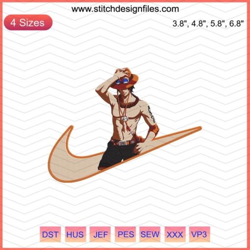 Nike sneaker with Portgas D. Ace embroidery design, One Piece theme, machine embroidery file, anime shoe customization