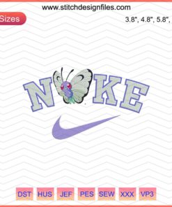 Nike sneaker with Butterfree embroidery design, Nike x Pokemon embroidery file, machine embroidery pattern, footwear design.