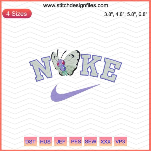 Nike sneaker with Butterfree embroidery design, Nike x Pokemon embroidery file, machine embroidery pattern, footwear design.