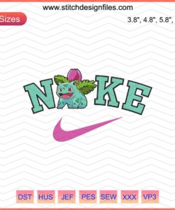 Ivysaur embroidery on Nike shoes, Nike x Pokemon designs, machine embroidery file, custom sneaker embroidery design.