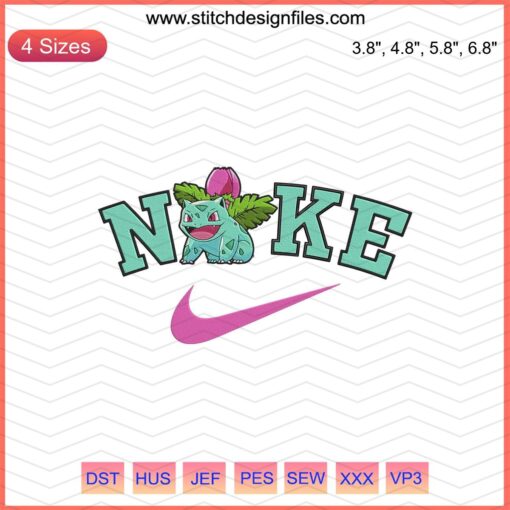 Ivysaur embroidery on Nike shoes, Nike x Pokemon designs, machine embroidery file, custom sneaker embroidery design.