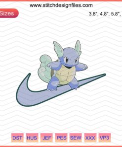 Nike x Wartortle Embroidery Designs File featuring Pokemon-inspired machine embroidery with Nike logo accents.