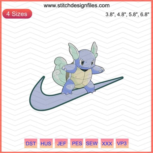 Nike x Wartortle Embroidery Designs File featuring Pokemon-inspired machine embroidery with Nike logo accents.