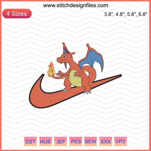 Nike x Charizard Embroidery Design: Nike x Pokemon, Machine Embroidery File, Digital Download, Charizard Apparel Motif