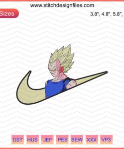 Embroidered Nike x Vegeta Super Saiyan 2 design, Dragon Ball Z machine embroidery file, iconic anime sneaker collaboration.