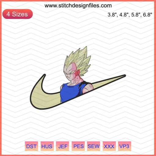 Embroidered Nike x Vegeta Super Saiyan 2 design, Dragon Ball Z machine embroidery file, iconic anime sneaker collaboration.