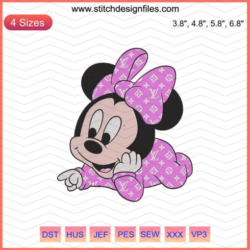 Baby Minnie Mouse Pink Louis Vuitton Embroidery Designs File, Disney Minnie Mouse Machine Embroidery Patterns, Cute Baby Embroidery.