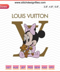 Baby Minnie Mouse hugging a teddy bear embroidery design file, Disney Minnie Mouse machine embroidery, cute baby-themed pattern.