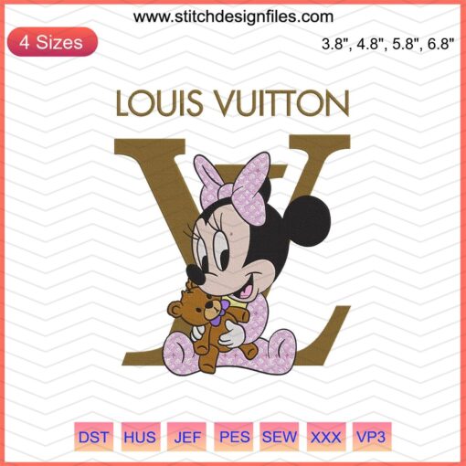 Baby Minnie Mouse hugging a teddy bear embroidery design file, Disney Minnie Mouse machine embroidery, cute baby-themed pattern.