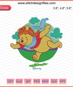 Pooh Fly Embroidery Designs File featuring Winnie The Pooh flying; perfect for machine embroidery projects.