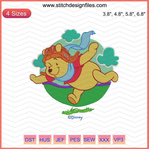 Pooh Fly Embroidery Designs File featuring Winnie The Pooh flying; perfect for machine embroidery projects.