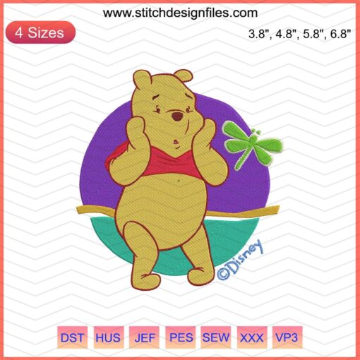 Pooh Play with Butterfly Embroidery File, Winnie The Pooh Design, Cartoon Machine Embroidery Pattern