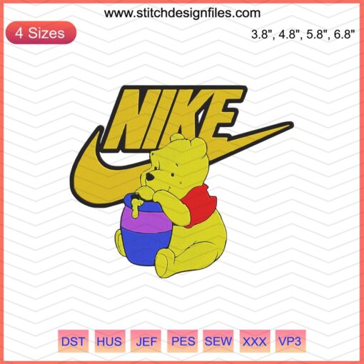 Nike Winnie The Pooh embroidery designs file featuring machine embroidery patterns of the beloved Disney character.