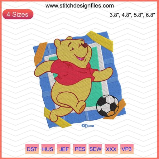 Winnie The Pooh playing soccer embroidery design file, Pooh sports stitch patterns, machine embroidery download.