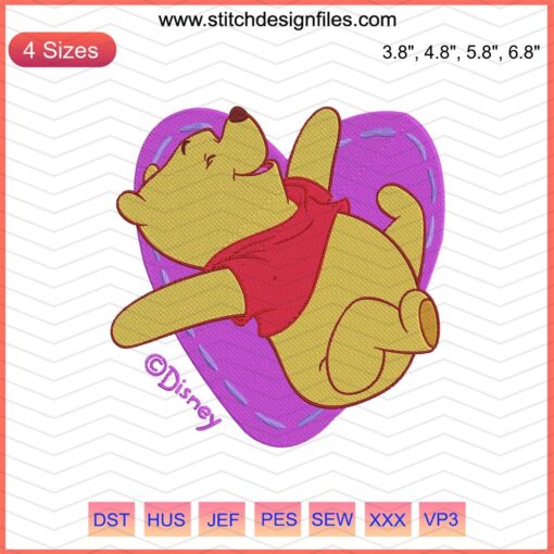 Winnie The Pooh Heart Embroidery File, Pooh Bear Machine Design, Cute Embroidery Pattern, Fun Embroidery Digital File