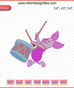 Piglet Drumming Embroidery Designs, Winnie The Pooh Embroidery Files, Machine Embroidery Patterns, Piglet Playing Drums Design