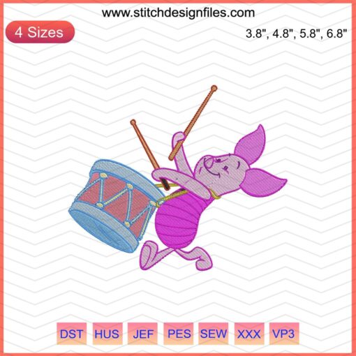 Piglet Drumming Embroidery Designs, Winnie The Pooh Embroidery Files, Machine Embroidery Patterns, Piglet Playing Drums Design