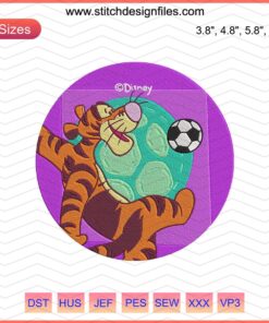Tigger playing soccer embroidery design with Winnie The Pooh characters, playful machine embroidery file for kids' projects.