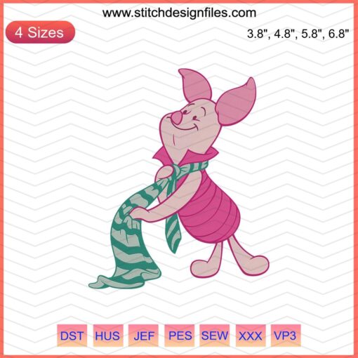 Piglet Scarf Embroidery Designs File: Winnie the Pooh-themed machine embroidery patterns. Perfect for playful textile projects.