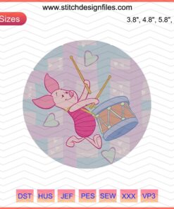 Piglet and Winnie The Pooh hugging on a drum, Piglet Love Embroidery File, Machine Embroidery Design.