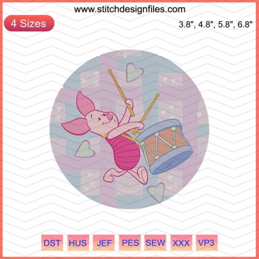 Piglet and Winnie The Pooh hugging on a drum, Piglet Love Embroidery File, Machine Embroidery Design.