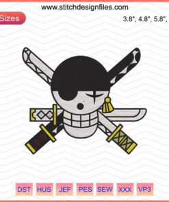 Roronoa Zoro Jolly Roger Logo Embroidery Design, One Piece Machine Pattern, Pirate Skull, Swords, Anime Sewing File.