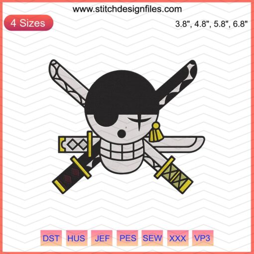 Roronoa Zoro Jolly Roger Logo Embroidery Design, One Piece Machine Pattern, Pirate Skull, Swords, Anime Sewing File.
