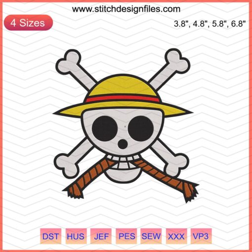 Monkey D.Luffy Jolly Roger Logo Embroidery Design File - One Piece Machine Embroidery, Pirate Skull & Crossbones