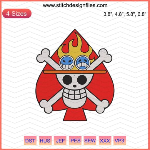 Portgas D. Ace Jolly Roger Embroidery Design, One Piece Machine Patterns, Anime Pirate Logo, High-Quality Stitch File