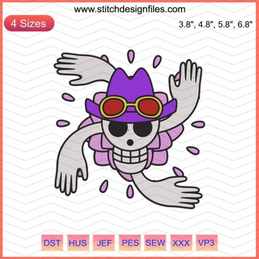 Nico Robin Jolly Roger Embroidery File, One Piece Machine Embroidery Designs, Skull with Floral Hat, Anime Patch Pattern