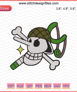 Usopp Jolly Roger Embroidery File, One Piece Machine Embroidery Design, Skull with Long Nose and Goggles.