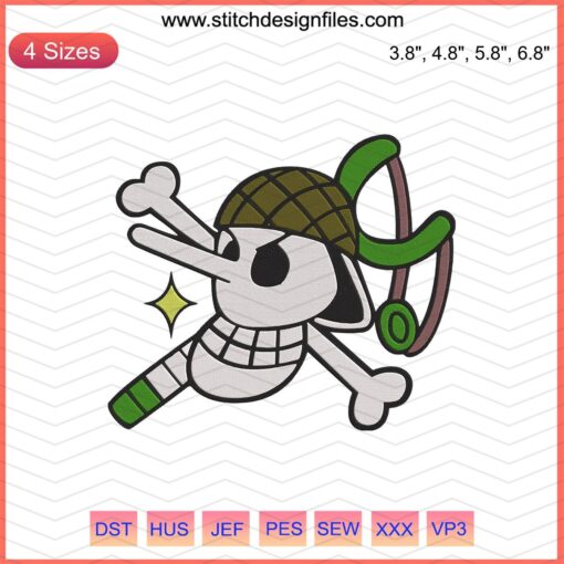Usopp Jolly Roger Embroidery File, One Piece Machine Embroidery Design, Skull with Long Nose and Goggles.