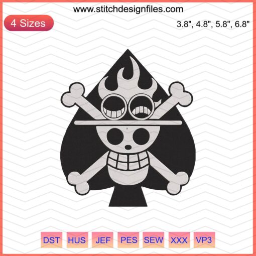 Black White Portgas D. Ace Jolly Roger Embroidery File, One Piece Designs, Skull Symbol, Machine Embroidery Pattern