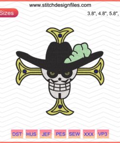Juracule Mihawk Jolly Roger Embroidery File, One Piece Machine Embroidery Design, Anime Pirate Skull and Cross design