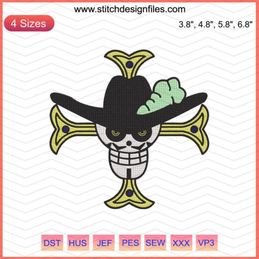 Juracule Mihawk Jolly Roger Embroidery File, One Piece Machine Embroidery Design, Anime Pirate Skull and Cross design
