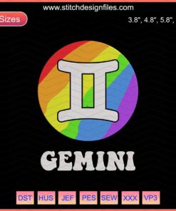 Colorful Gemini LGBT Zodiac Embroidery Designs File, intricate machine stitching pattern, vibrant pride-themed artwork.
