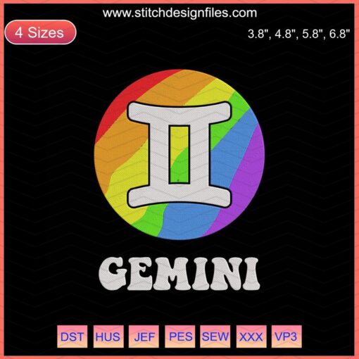 Colorful Gemini LGBT Zodiac Embroidery Designs File, intricate machine stitching pattern, vibrant pride-themed artwork.