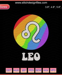 Leo Embroidery Designs File, LGBT Zodiac Machine Embroidery: Colorful Leo symbol, rainbow accents, digital download.