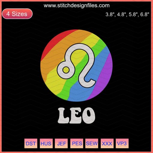 Leo Embroidery Designs File, LGBT Zodiac Machine Embroidery: Colorful Leo symbol, rainbow accents, digital download.