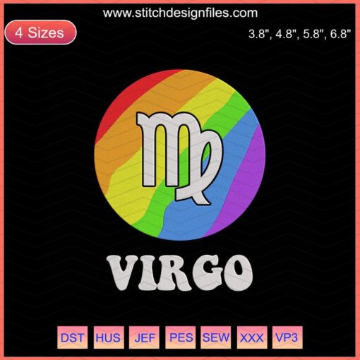 "LGBT Virgo Zodiac Embroidery File: Rainbow-themed Virgo design for machine embroidery, perfect for zodiac and pride projects."