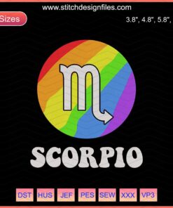 Scorpio Embroidery Design File, LGBT Zodiac Machine Embroidery, Vibrant Scorpio Symbol with Rainbow Colors