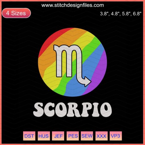 Scorpio Embroidery Design File, LGBT Zodiac Machine Embroidery, Vibrant Scorpio Symbol with Rainbow Colors